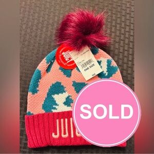 Juicy Couture Pink and Teal One Size Pom-Pom Beanie